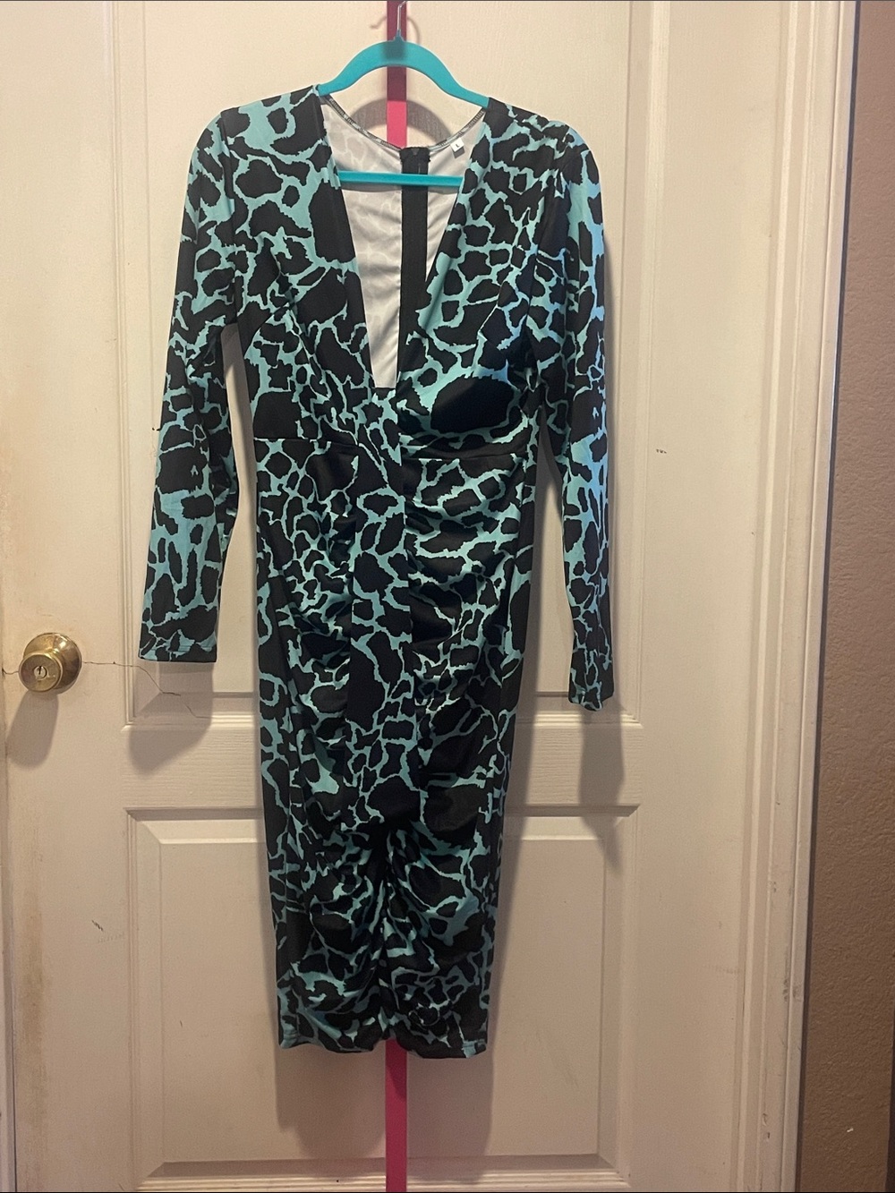 Teal and Black Long-Sleeve Ruched Wrap Dress